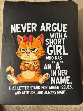 Yumiko Black Short Sleeve Tee with Orange Cartoon Cat Graphic